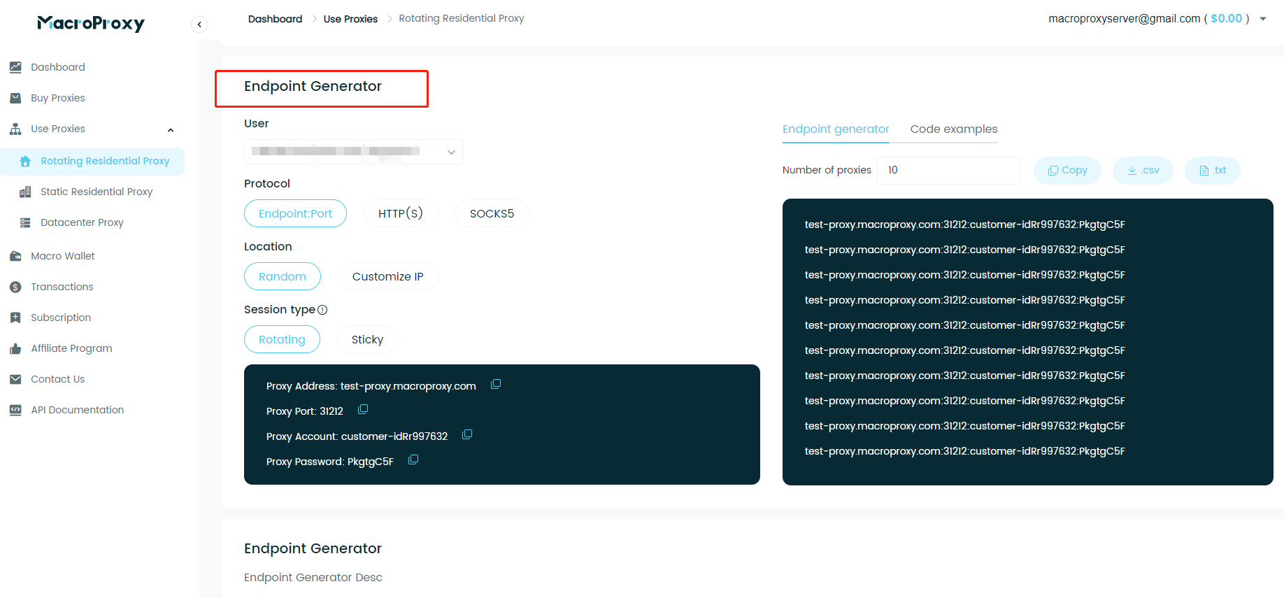 2.use the “Endpoint Generator" to get your proxy information.