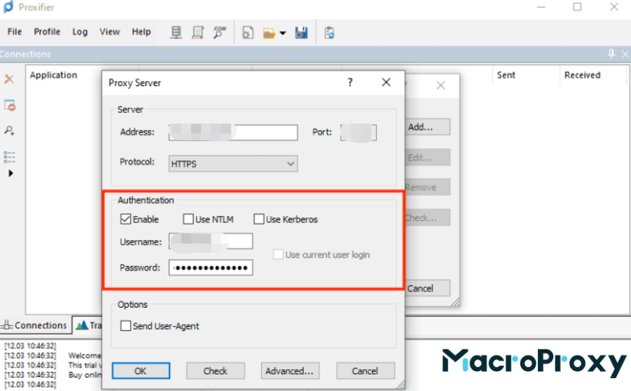 enter your proxy authentication details