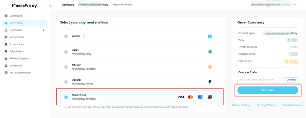 MacroProxy credit card payment