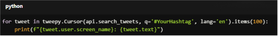 Example code to scrape tweets containing a specific hashtag